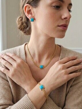 ​Turquoise Square Gold Jewelry Set Necklace Bracelet Earrings